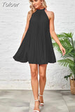 Summer Elegant Solid Color Mini Dress Sexy Sleeveless Pleated Women Loose Black Blue O-Neck Female Street White