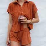Solid Beach Two Piece Sets Summer Women Home Loungewear Cardigan Tops Tracksuit 2021 Ladies Workout Soft Shorts