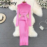 Black Turtleneck Sexy Women Dress Autumn Long Sleeve Skinny Maxi Boydcon Casual Sweater Plush Knee-Length Party