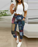 Women's Two Sets Of Short-Sleeved Commuting Print Trousers