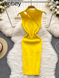 Women Knitted Strap Dress Sexy Sleeveless Slim Elastic Pencil Dress Summer Tank Bodycon Streetwear Midi