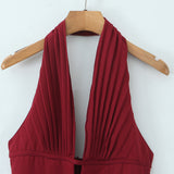 Dress Body With Bare Back Hanging Neck Dress Female Hollow Deep V-Necked Minority French Folded A-Word Mini-Skirt Dress