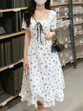 Floral Dress Women Summer Elegant Party Midi Dresses Casual Puff Sleeve Designer Chic Korean Fashion Female Dress