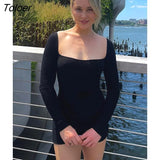 Women Long Sleeve Playsuit Autumn Rib Knitted Square Neck Bodycon Sexy Rompers Jumpsuit Femme Black One Piece Overall