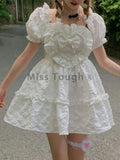 Bow Sweet Dress Women Patchwork Ruffle Chic Party Mini Dress Female Korean Fashion Puff Sleeve Princess Kawaii Dress