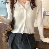 Green Thin Knitting Cardigan Women Spring Summer Button Up Long Sleeve Cropped Top Woman Round Neck Solid Color