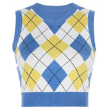 Argyle Vintage Sleeveless Sweater Vest Autumn Y2K Plaid Knitted Crop Top Jumpers Ladies Casual Pullover