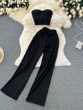 Women Solid Sexy Two Pieces Sets Summer Strapless Slim Camisole + Wide Leg Long Pants Sets Streetwear Two Piece