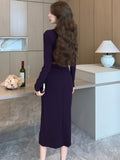Woman Dress Autumn Winter Vintage Notched Elegant Split Long Sleeve Slim French Style Chic Basic Office Lady Dresses-Outfit