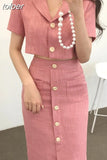 Korea Elegant Lapel Thin Tweed Small Suit Short Jacket + High Waist Chic Button Slim Womens Two Piece Skirt Sets Summer 425-0-Outfit