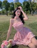 Party Casual Floral Sexy Dress Women 2022 Summer Pink Sleeveless Patchwork Mini Dresses Female Elegant Party Holiday Slim Korean
