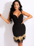 Sexy Straps Sleeveless With Golden Feather Bodycon