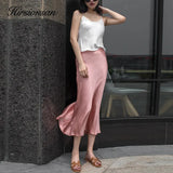 New Summer Satin High Waisted Silk Skirts Women 2021 Silk Office Female Basic A-line Skirt Chic Elegant Ladies