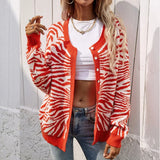 Autumn Fashion Zebra Striped Cardigan Women Sweater Long Sleeve O Neck Button Black Street Knitted Cardigans Winter
