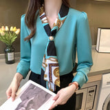 Long Sleeve Blouse Women Bow V-Neck Print Chiffon Blouse Shirt Tops Women Blusas Mujer De Moda 2021 Blouses Shirts