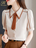 Han Queen New Simple Summer Elegant Single-Breasted Chiffon Blouse Womens Loose Casual Vintage Shirts Simple Basic Office Tops-Outfit
