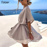 Boho Ladies Sexy V Neck Solid Mini Dress Women Elegant Half Sleeve Satin Loose Mini Dresses 2023 Summer Casual