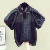 Patchwork Pearl Shirt For Women Lapel Puff Sleeve Solid Minimalist Button Through Blouse Female Fashion Clothes