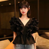 Red Casual Patchwork Ruffle Shirts For Women V Neck Short Sleeve Ruched Slim Blouses Female 2021 Summer Fashion