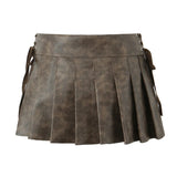 PU Leather Pleated Mini Skirt With Shorts lining Sexy Metal eyelets Cross Bandage Low Waist Short Skater Coffee Black-Outfit