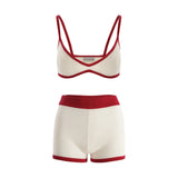 Women Knitted Bikini Shorts Set Contrast Color Bra Camisole with Elastic High Waist Shorts Summer Beachwear Outfit-Outfit