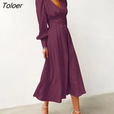 White Single Breasted Elegant Dress For Women Party Robe High Waist Satin Long Dress Chic Midi Dresses Lantern Sleeve