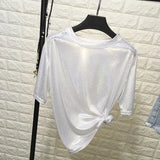 summer retro style stylish bright silk woman tops shiny loose short sleeve t-shirt sexy club aesthetic harajuku women