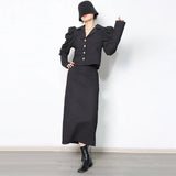 TWOTWINSTYLE Loose Two Piece Set Womens Notched Collar Puff Sleeve Tops High Waist Loose Midi Skirts Female Solid Sets