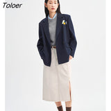 Women Blazer 2022 Autumn Long Sleeves Loose Coats Split Back Hem Anti Wrinkle Navy Casual Business Suit
