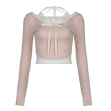 Pink Korean Style Slim-fit Knitted Tops Coquette Contrast Color Patchwork Cropped Top Aesthetic Long Sleeve Tops-Outfit