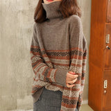 2022 New Autumn Winter High Neck Pullover Cashmere Sweater Women's Jacquard Casual Retro Folk Oversize Knitted Tops