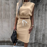 Set With Skirt Solid Slim Ladies Skirts Suit Sleeveless Sweatshirt Crop Tops And Split Lace Up Bottom 2021 Summer