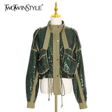 Patchwork Sequin Jackets For Women Turtleneck Long Sleeve Drawstring Coats Female Autumn Fashion New Clothes