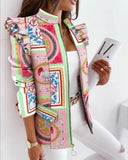 Explosion Autumn And Winter Lotus Leaf Side Long Sleeve Zipper Print Suit Small Coat