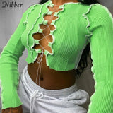 sexy hollow out bandage tops women neon color Ribbed knitting tee shirt female 2021 summer club party street casual