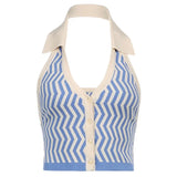 Vintage Striped Knitted Halter Cropped Tops Aesthetics Sleeveless Single-breasted Vests Y2K Fashion Blue Tops