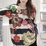 Loose Floral Printed Round Neck Knitted T-shirt 2023 Women's Clothing All-match Fashion Chic Patchwork Long Sleeve