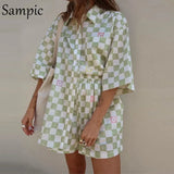 Tie Dye Print 2021 Lounge Wear Traksuit Women Summer Shorts Set Casual Plaid Shirt Tops And Mini Shorts Two Piece