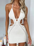 Women Halter Lace-up Short Mini Dress Sleeveless Off Shoulder Backless Hollow Out Knitted Beach Dress Female Vestidos-Outfit