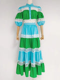 Loose Cut Out Two Piece Set Women Stand Collar Puff Sleeve Tops High Waist Midi Skirts Female Colorblock Sets