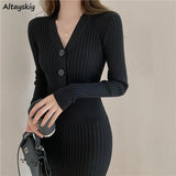 Long Sleeve Dresses Solid Color Sheath V-neck Buttons High Waist Ladies Elegant New Vestidos Knitting Korean Style