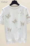 Summer Luxury Design Butterfly Nail Bead Short Sleeve Knit Sweater Korean Fashion Thin Casual Jumper Women Knitwear 2023 618-1-Outfit