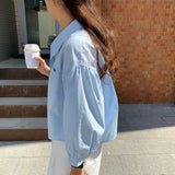 Women Lantern Nine Quarter Sleeve Pocket Crop Casual Office Elegant Single Breasted Loose Comfort Clean Students