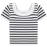 Knitted Blouse French U-Collar Striped T-Shirt New Summer Ice Silk Short-Sleeved Collarbone Bottomed Shirt-Outfit