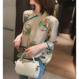 A New Retro National Style Imitation Silk Printing Pearl Button Slanted Chinese-Style Trimmed Blouse In Summer-Outfit