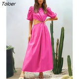 Pink Hollow Out Dresses For Women Robe Chic Summer O-Neck Puff Sleeve Midi Dress A-Line Single Breasted Elegant Dress