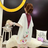 Street Backless Patchwork Midi T-shirt Female Clothing Loose Stylish Butterfly Printed Summer Casual Round Neck Pullovers-Outfit