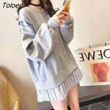 Pullovers Women 2022 Spring Autumn Trendy Sweatshirts Mid-length Popular Pullover Fashion Fake Two Piece Tops