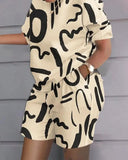 O-neck Patchwork T Shirt Two Piece Set Casual Loose Print Tshirt Short Set Women 2023 White Pockets Shorts Suits-Outfit
