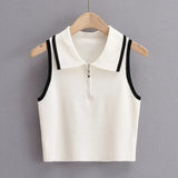 New Summer Lapel With Color Zipper Knitted Vest Shows The Navel Short Style Blouse.-Outfit